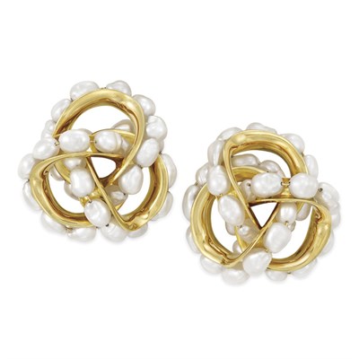 Lot 356 - Pair of Gold and Baroque Freshwater Pearl Knot Earclips, Seaman Schepps