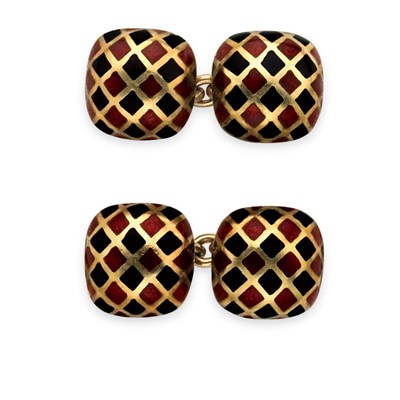 Lot 51 - Pair of Gold and Black and Red Enamel Cufflinks, David Webb
