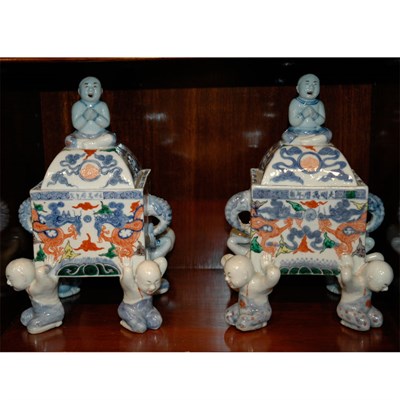 Lot 302 - Pair of Wucai Porcelain Censers with Boy-Form...