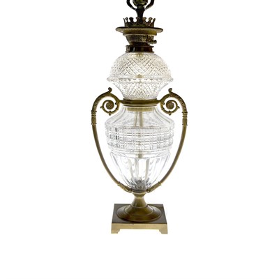 Lot 426 - Continental Cut Glass and Brass Fluid Lamp...