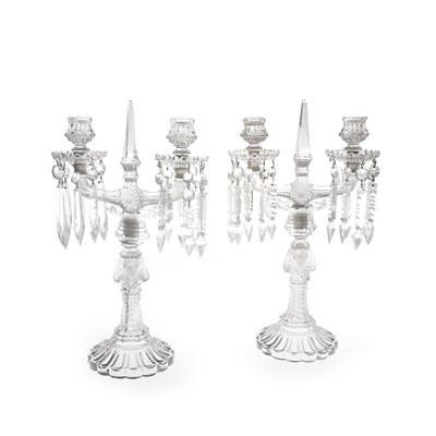 Lot 390 - Pair of Pressed Glass Two-Light Lustres Each...