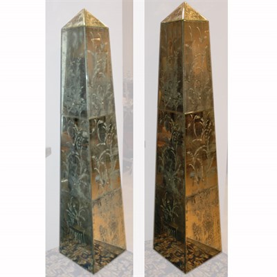 Lot 346 - Pair of Faux Engraved Mirrored Obelisks Height...