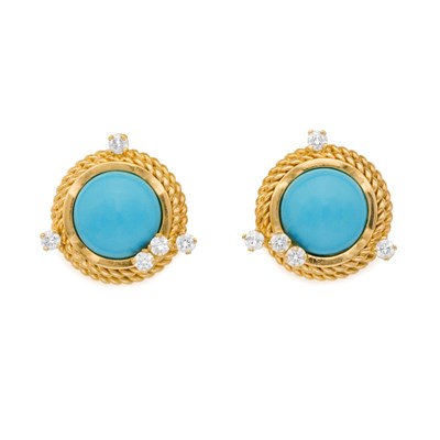 Lot 39 - Pair of Gold, Turquoise and Diamond Earclips