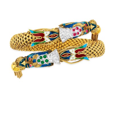 Lot 16 - Gold, Enamel and Colored Stone Crossover Tassel Bangle Bracelet