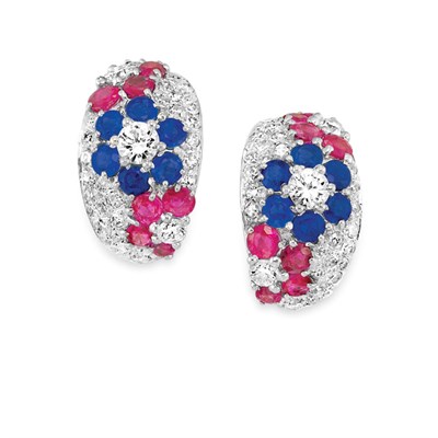 Lot 169 - Pair of Diamond, Ruby and Sapphire Half-Hoop Earclips