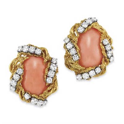 Lot 446 - Pair of Gold, Coral and Diamond Earclips
