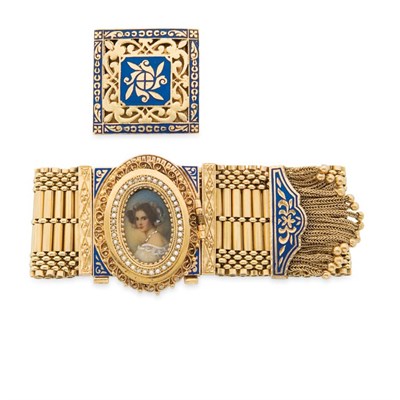 Lot 4 - Gold, Enamel, Portrait Miniature and Split Pearl Fringe Bracelet-Watch and Gold and Blue Enamel Watch Cover