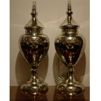 Lot 419 - Pair of Mercury Glass Lidded Urns Height 25...
