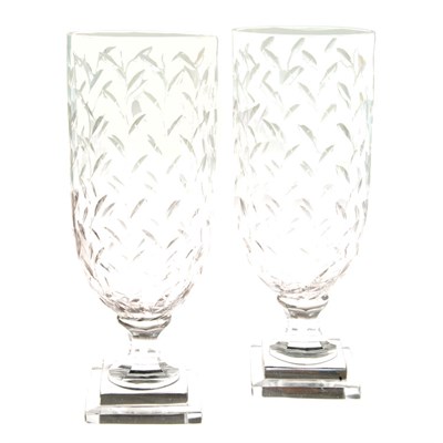 Lot 582 - Pair of Cut Glass Hurricane Lamps Height 14...