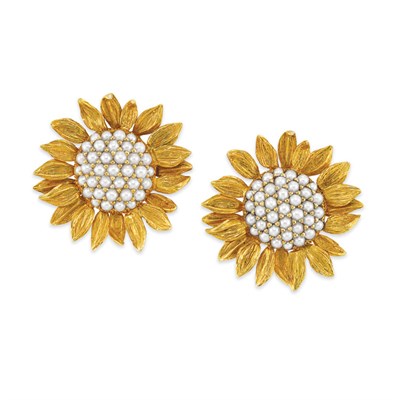 Lot 432 - Pair of Gold and Seed Pearl Sunflower Earclips, Asprey