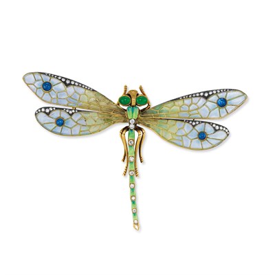 Lot 489 - Gold, Plique-a-Jour, Enamel, Cabochon Emerald and Sapphire and Diamond Dragonfly Brooch