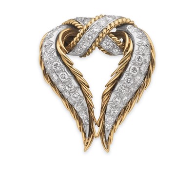 Lot 228 - Gold, Platinum and Diamond Ribbon Clip-Brooch