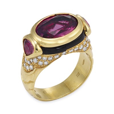Lot 14 - Gold, Pink Tourmaline, Diamond and Black Onyx Ring, Marina B