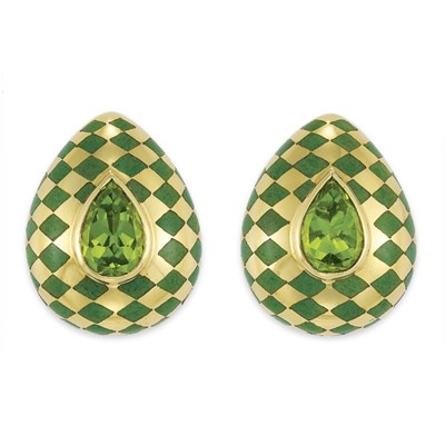 Lot 346 - Pair of Gold, Peridot and Aventurine Quartz Earclips, Angela Cummings