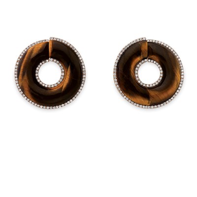 Lot 151 - Pair of Tiger's-Eye and Pink Diamond Earclips