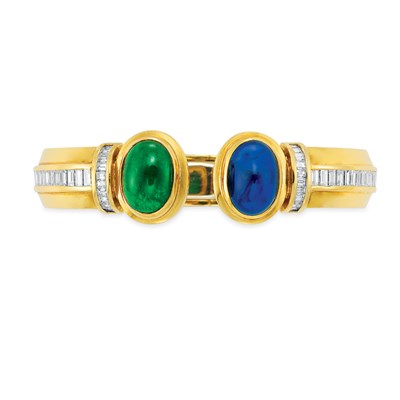 Lot 160 - Gold, Cabochon Emerald and Sapphire and Diamond Bangle Bracelet