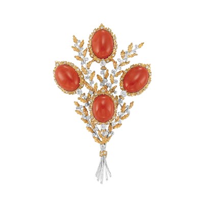 Lot 334 - Two-Color Gold, Coral and Diamond Clip-Brooch, Federico Buccellati