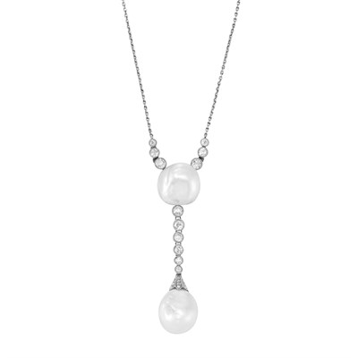 Lot 510 - Platinum, Natural Semi-Baroque Pearl and Diamond Lavaliere
