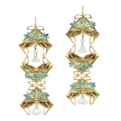 Lot 487 - Pair of Gold, Plique-a-Jour Enamel, Enamel and Diamond Pendant-Earrings