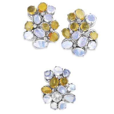 Lot 421 - Moonstone, Fire and Girasol Opal, Diamond and Simulated Diamond Cluster Clip-Brooch and Pair of  Earclips, Seaman Schepps