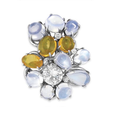 Lot 421 - Moonstone, Fire and Girasol Opal, Diamond and Simulated Diamond Cluster Clip-Brooch and Pair of  Earclips, Seaman Schepps