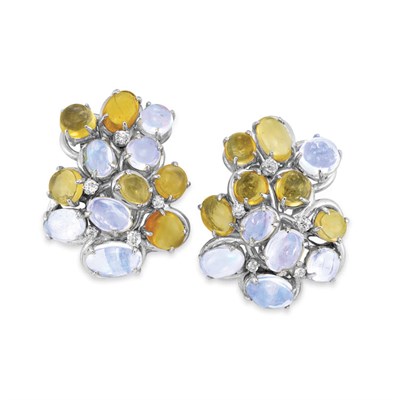 Lot 421 - Moonstone, Fire and Girasol Opal, Diamond and Simulated Diamond Cluster Clip-Brooch and Pair of  Earclips, Seaman Schepps