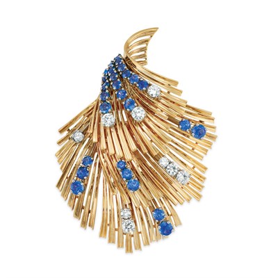 Lot 455 - Gold, Sapphire and Diamond Spray Clip-Brooch, Tiffany & Co.