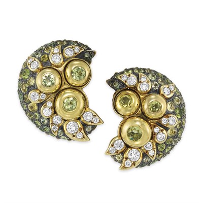 Lot 343 - Pair of Multicolored Sapphire and Diamond Bombe Earclips, Marilyn Cooperman
