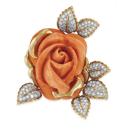Lot 358 - Gold, Carved Coral and Diamond Flower Clip-Brooch