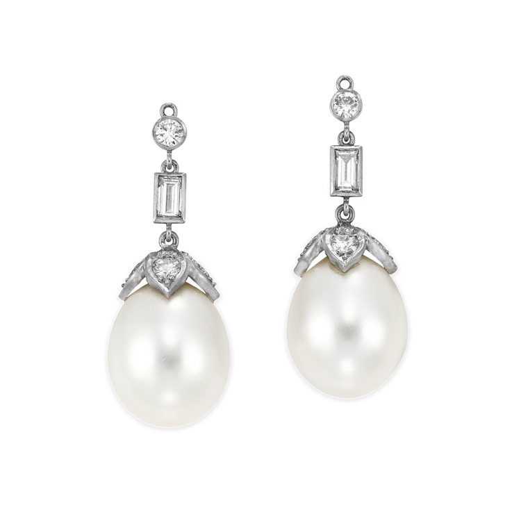 Lot 390 - Pair of Diamond and Cultured Pearl Pendants