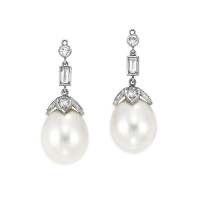 Lot 390 - Pair of Diamond and Cultured Pearl Pendants