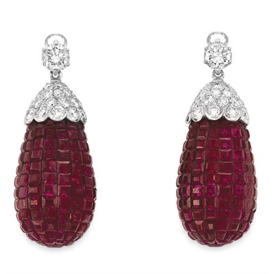 Lot 386 - Pair of Invisibly-Set Ruby and Diamond Pendants