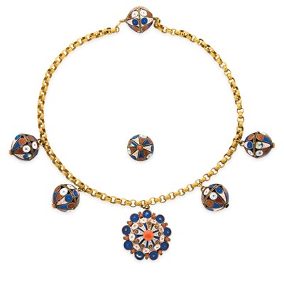 Lot 12 - Antique Gold Chain with Silver Gilt, Enamel and Coral Pendants and Ring
