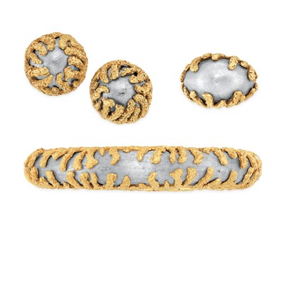 Lot 154 - Two-Color Gold Bangle Bracelet, Pair of Earclips and Ring