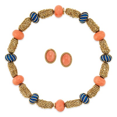 Lot 445 - Multistrand Gold, Coral and Blue Enamel Bead Necklace / Bracelet Combination, Tiffany & Co., and Pair of Coral Earrings
