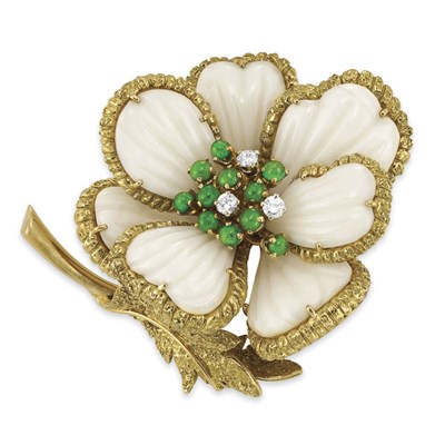 Lot 472 - Gold, Carved White Coral, Emerald and Diamond Flower Clip-Brooch, Van Cleef & Arpels