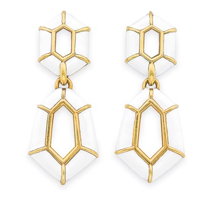 Lot 159 - Pair of Gold and White Enamel Pendant-Earclips