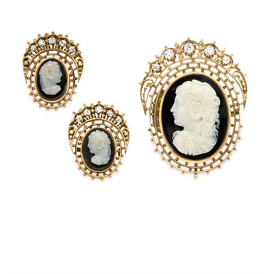 Lot 173 - Antique Gold, Hardstone Cameo and Diamond Pendant-Brooch and Pair of Earrings