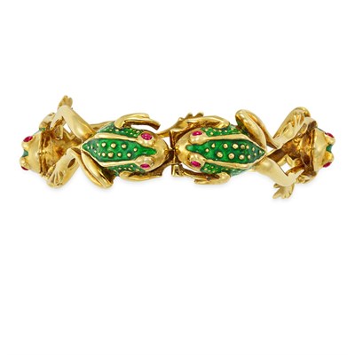Lot 274 - Gold, Green Enamel and Cabochon Ruby Frog Bracelet