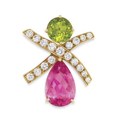 Lot 345 - Gold, Pink Tourmaline, Peridot and Diamond Brooch, Tiffany & Co., Paloma Picasso