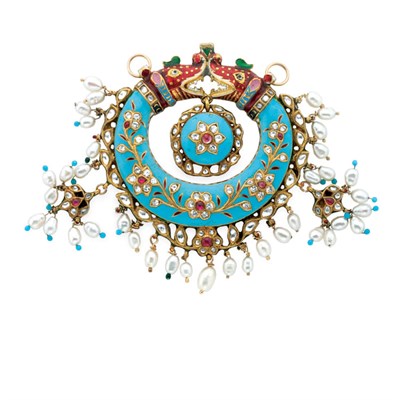 Lot 264 - Indian Gold, Turquoise Enamel, Jaipur Enamel, Colored Stone and Biwa Pearl Pendant