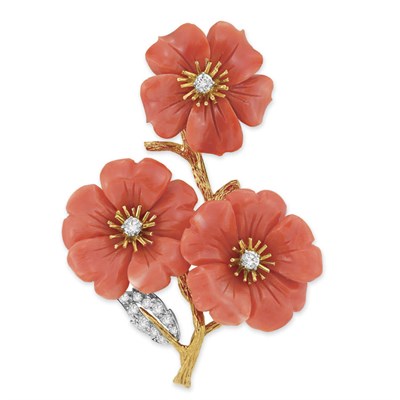 Lot 444 - Gold, Platinum, Carved Coral and Diamond Flower Clip-Brooch, Boucheron