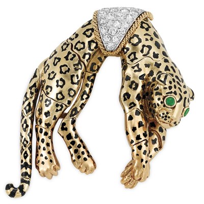 Lot 428 - Gold, Platinum, Black Enamel and Diamond Leopard Brooch, David Webb