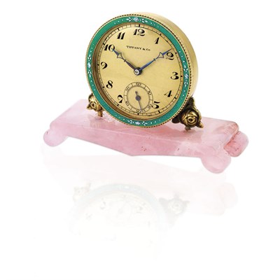Lot 317 - Rose Quartz, Gold and Enamel Desk Clock, Tiffany & Co.