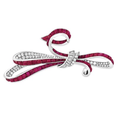 Lot 382 - Cabochon Ruby and Diamond Bow Brooch, Trabert & Hoeffer, Mauboussin
