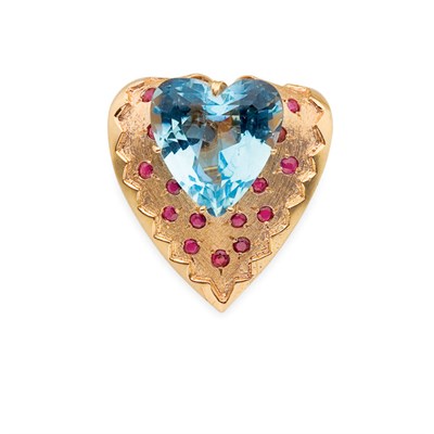 Lot 92 - Gold, Aquamarine and Ruby Heart Brooch, Trabert & Hoeffer
