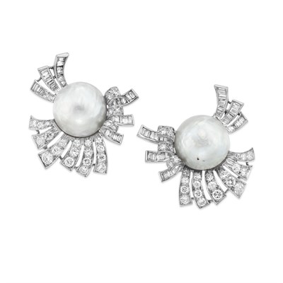 Lot 530 - Pair of Mabe Pearl and Diamond Earclips, Trabert & Hoeffer