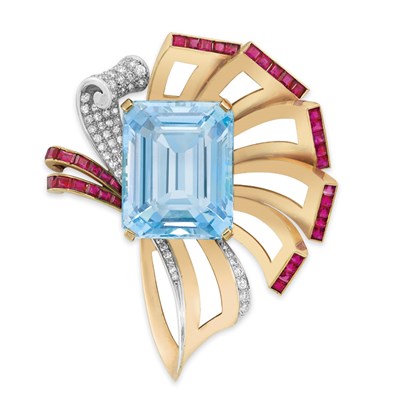 Lot 456 - Gold, Platinum, Aquamarine, Diamond and Ruby Bow Clip-Brooch, Trabert & Hoeffer