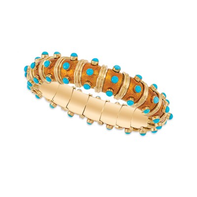 Lot 439 - Gold, Copper Enamel and Turquoise Bangle Bracelet, Tiffany & Co., Schlumberger