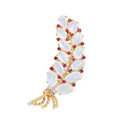 Lot 460 - Gold, Platinum, Moonstone, Ruby and Diamond Leaf Brooch, Trabert & Hoeffer